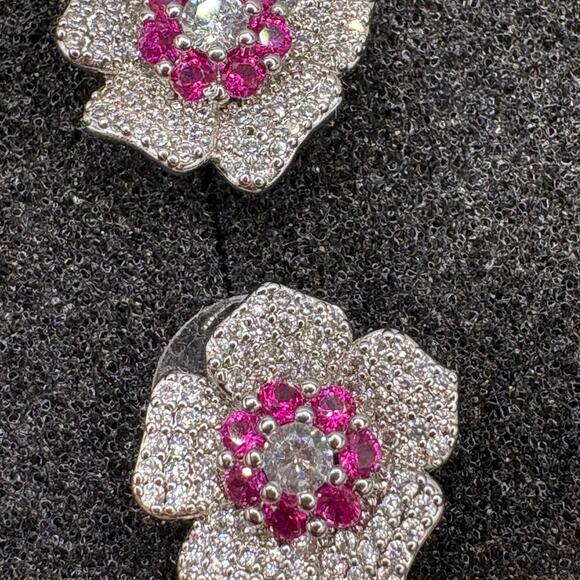 Sterling Silver Magenta Floral Stud Earrings - Rhodium Plated Cluster - Picture 2 of 7
